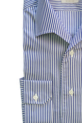 Blue And White Big  Stripes Cotton Capri Collar Shirt- Italian Cotton - Handmade in Italy