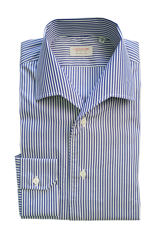 Blue And White Big  Stripes Cotton Capri Collar Shirt- Italian Cotton - Handmade in Italy - VIP