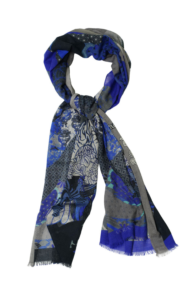 Cordone1956 - Scarves Mod. Tiger Azure Scarves - Cashmere Silk Fabric - Color Azure