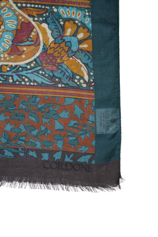 Flower Brown & Blue Scarves Wool & Cashmere