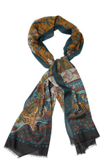 Flower Brown & Blue Scarves Wool & Cashmere