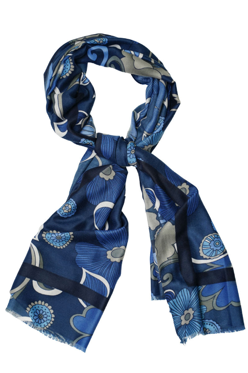 Cordone1956 - Scarves Mod. Flower Blue, Azure & White  - Wool Fabric - Color Multicolor