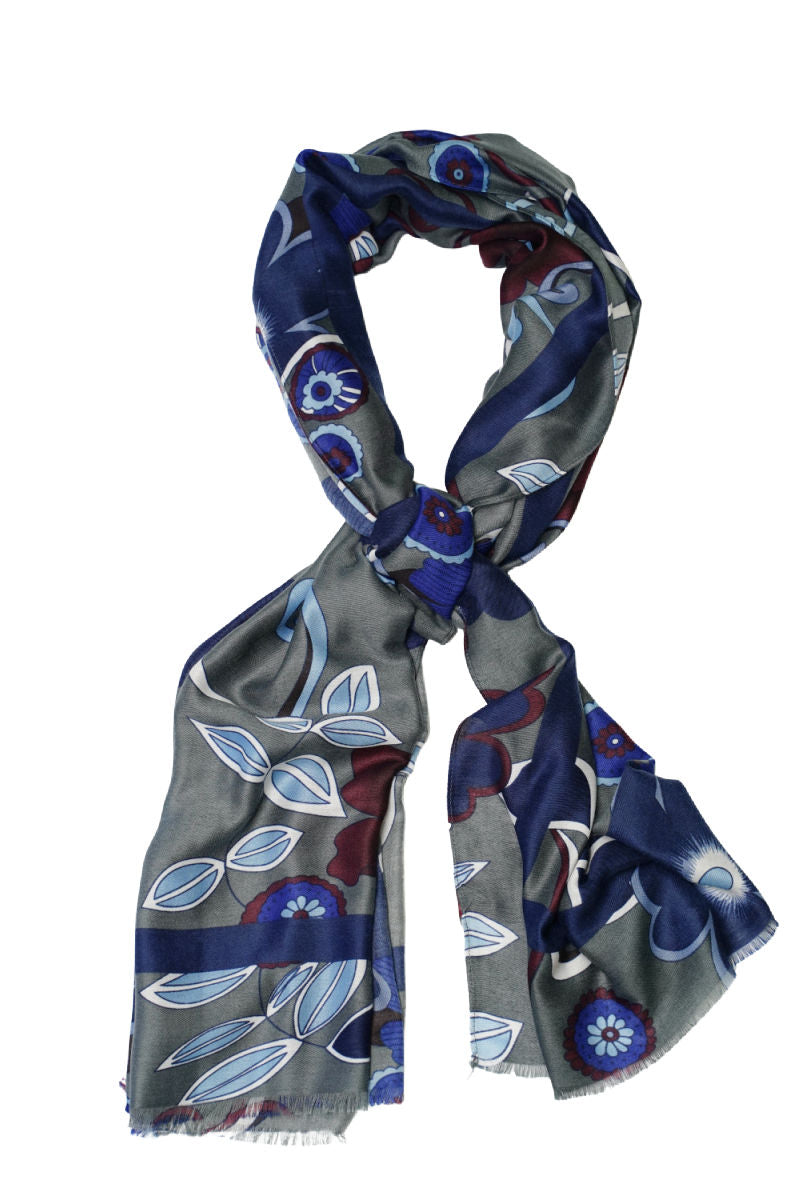 Cordone1956 - Scarves Mod. Flower Grey & Blue - Wool Fabric - Color Multicolor