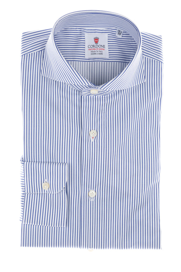 White and Blue Twill Stripes Shirt by Hand