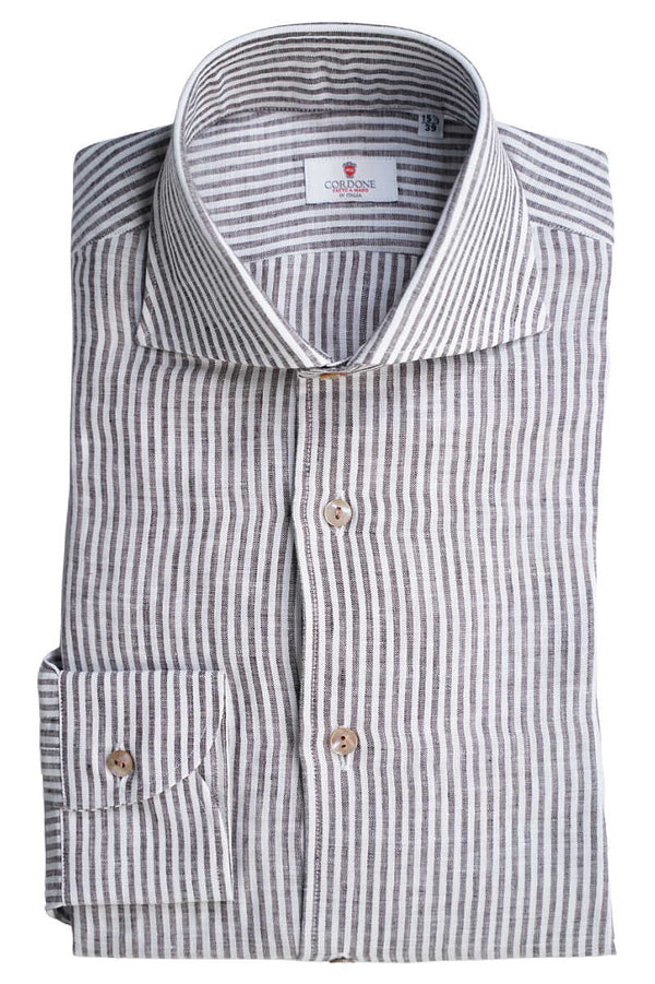 BROWN  AND WHITE SMALL STRIPE LINEN SHIRT