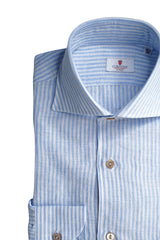 LIGHT BLUE AND WHITE SMALL STRIPE LINEN SHIRT