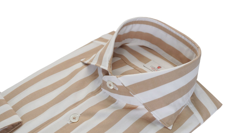 Beige and White Wide Striped Poplin Shirt