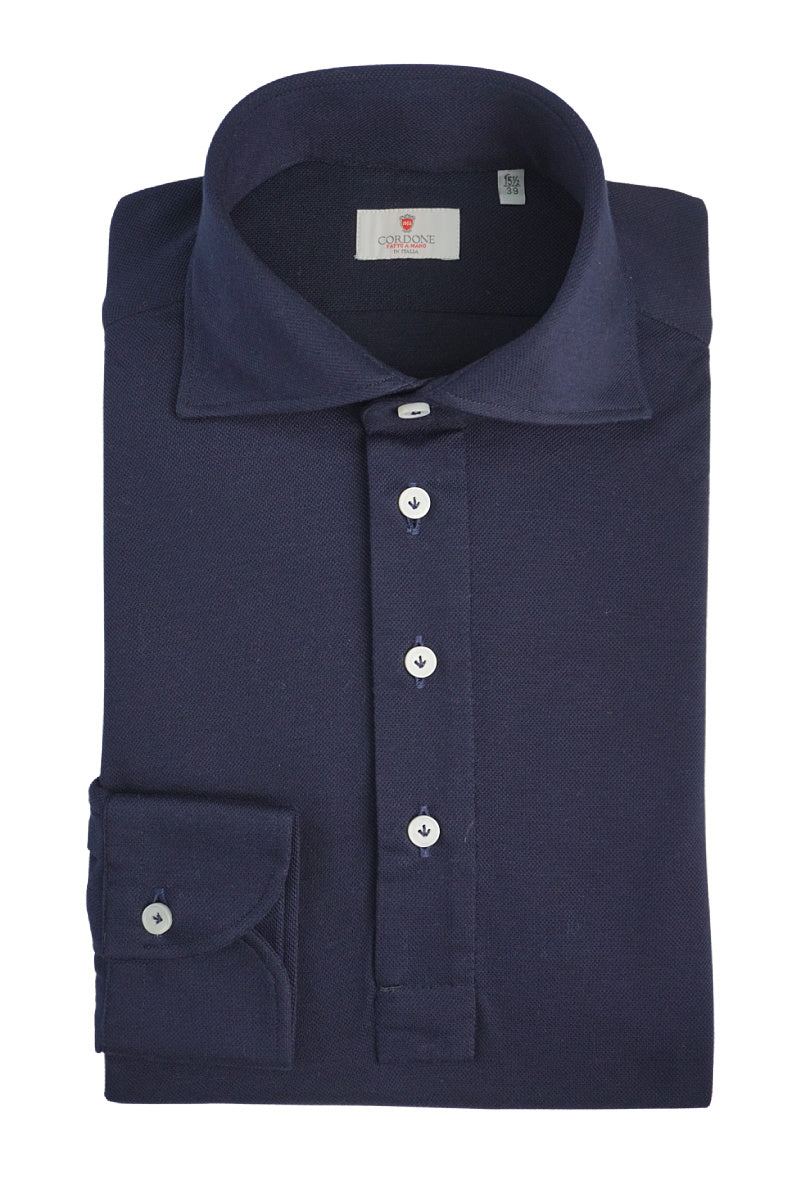 BLUE JERSEY POLO SHIRT LONG SLEEVE- ITALIAN COTTON  - HANDMADE IN ITALY