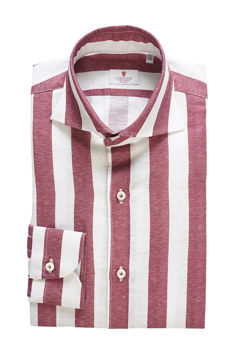 Wide Striped Burgundy and White Shirt in Linen Blend