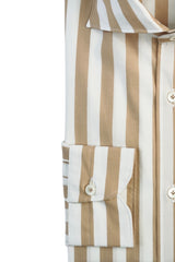 Beige and White Wide Striped Poplin Shirt