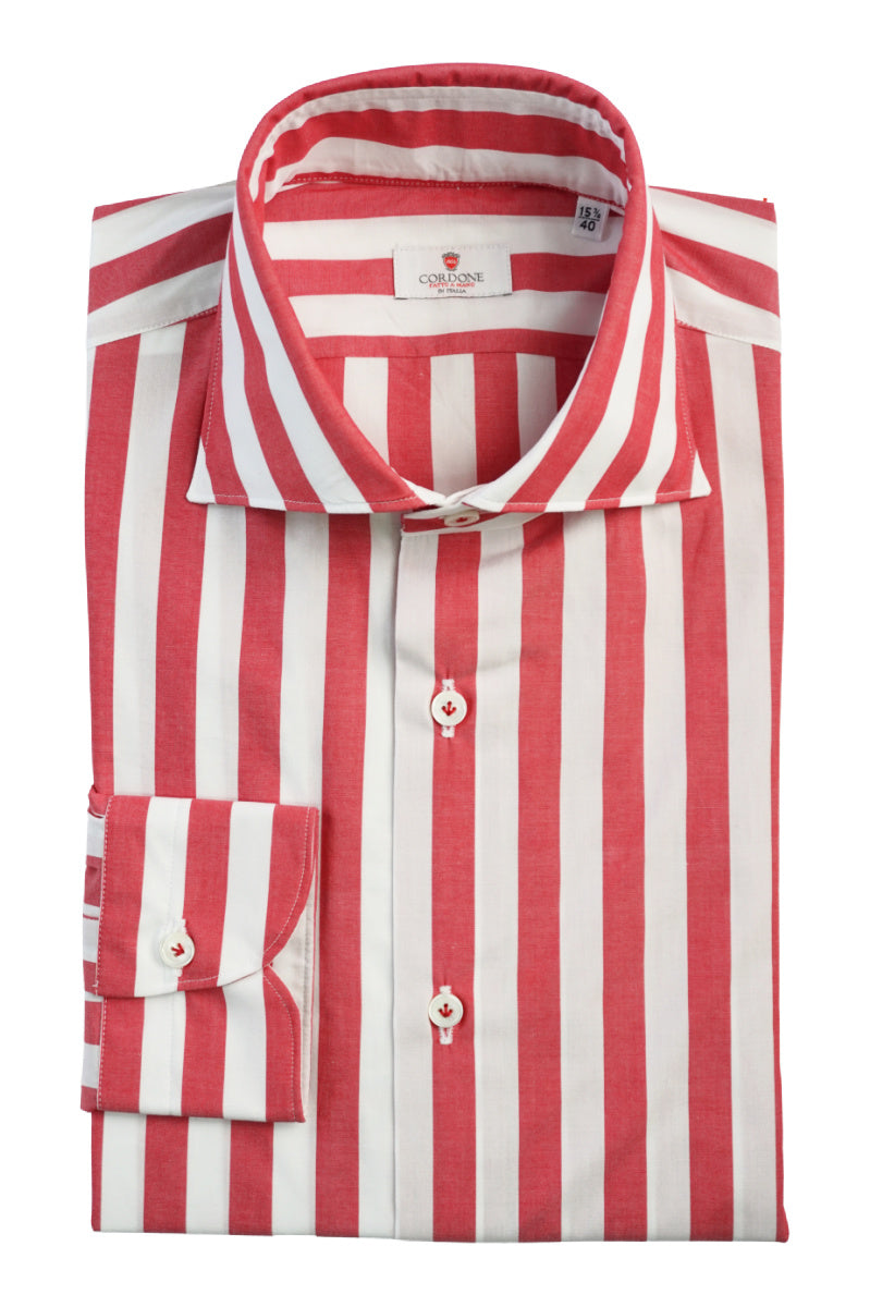 Red  and White Wide Striped Poplin Shirt